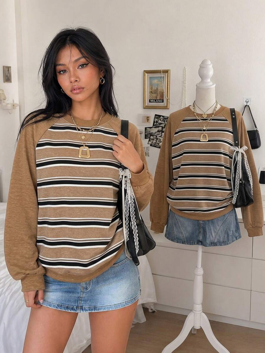 Lalippa Women's Black And White Striped Light Blue Round Neck Raglan Sleeve Casual Streetwear Sweatshirt Everyday School Autumn - Multicolor - View 1
