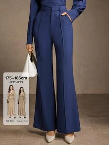MOTF Tall WOMEN'S TALL BLUE FRONT-PLEATED ELEGANT COMMUTER FLARE LEG PANTS - Blue - View 1