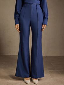 MOTF Tall WOMEN'S TALL BLUE FRONT-PLEATED ELEGANT COMMUTER FLARE LEG PANTS - Blue - View 3
