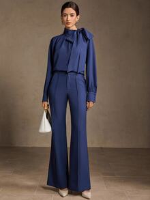 MOTF Tall WOMEN'S TALL BLUE FRONT-PLEATED ELEGANT COMMUTER FLARE LEG PANTS - Blue - View 4