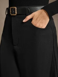 MOTF Tall WOMEN'S TALL CASUAL BUTTON POCKET WIDE LEG CURVED HEM PANTS - Black - View 5