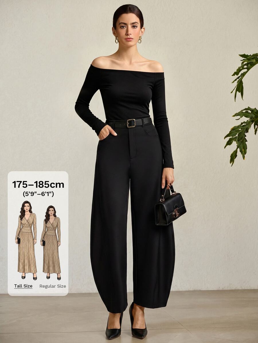 MOTF Tall WOMEN'S TALL CASUAL BUTTON POCKET WIDE LEG CURVED HEM PANTS - Black - View 1
