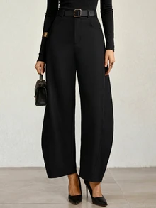 MOTF Tall WOMEN'S TALL CASUAL BUTTON POCKET WIDE LEG CURVED HEM PANTS - Black - View 3
