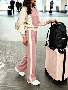 SHEIN LUNE 女款秋冬兩件式套裝，休閒百搭拼色學院風圓領長袖 - 彩色 - 查看 8