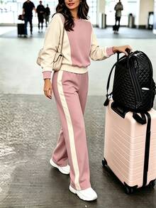 SHEIN LUNE 女款秋冬兩件式套裝，休閒百搭拼色學院風圓領長袖 - 彩色 - 查看 7