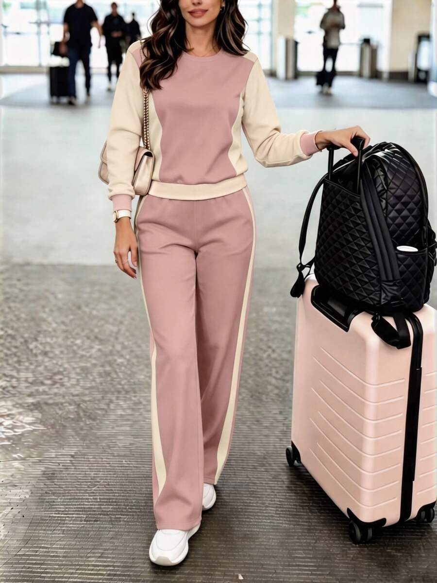 SHEIN LUNE 女款秋冬兩件式套裝,休閒百搭拼色學院風圓領長袖 - 彩色 - 查看 1