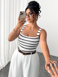 Elenzga Plus Size Women's Casual Commute Striped Camisole Tank Top And White Long Pants 2 Pieces Set, Suitable For Autumn Daily Wear - Multicolor - View 8