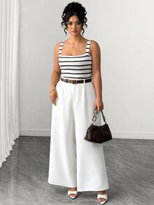 Elenzga Plus Size Women's Casual Commute Striped Camisole Tank Top And White Long Pants 2 Pieces Set, Suitable For Autumn Daily Wear - Multicolor - View 6