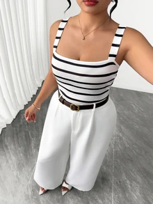 Elenzga Plus Size Women's Casual Commute Striped Camisole Tank Top And White Long Pants 2 Pieces Set, Suitable For Autumn Daily Wear - Multicolor - View 7
