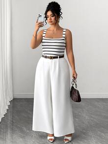 Elenzga Plus Size Women's Casual Commute Striped Camisole Tank Top And White Long Pants 2 Pieces Set, Suitable For Autumn Daily Wear - Multicolor - View 3