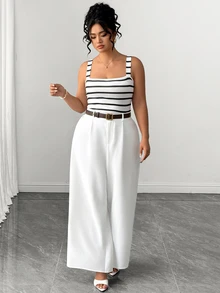 Elenzga Plus Size Women's Casual Commute Striped Camisole Tank Top And White Long Pants 2 Pieces Set, Suitable For Autumn Daily Wear - Multicolor - View 5
