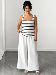 Elenzga Plus Size Women's Casual Commute Striped Camisole Tank Top And White Long Pants 2 Pieces Set, Suitable For Autumn Daily Wear - Multicolor - View 4