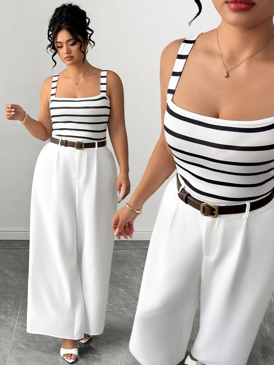 Elenzga Plus Size Women's Casual Commute Striped Camisole Tank Top And White Long Pants 2 Pieces Set, Suitable For Autumn Daily Wear - Multicolor - View 1