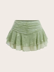 Sweetina Women's Pleated Simple Lace Patchwork Wide Waistband A-Line Skirt, Casual Holiday - Mint Green - View 1