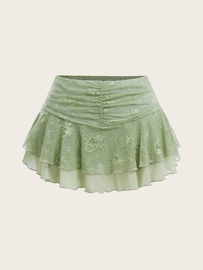 Sweetina Women's Pleated Simple Lace Patchwork Wide Waistband A-Line Skirt, Casual Holiday