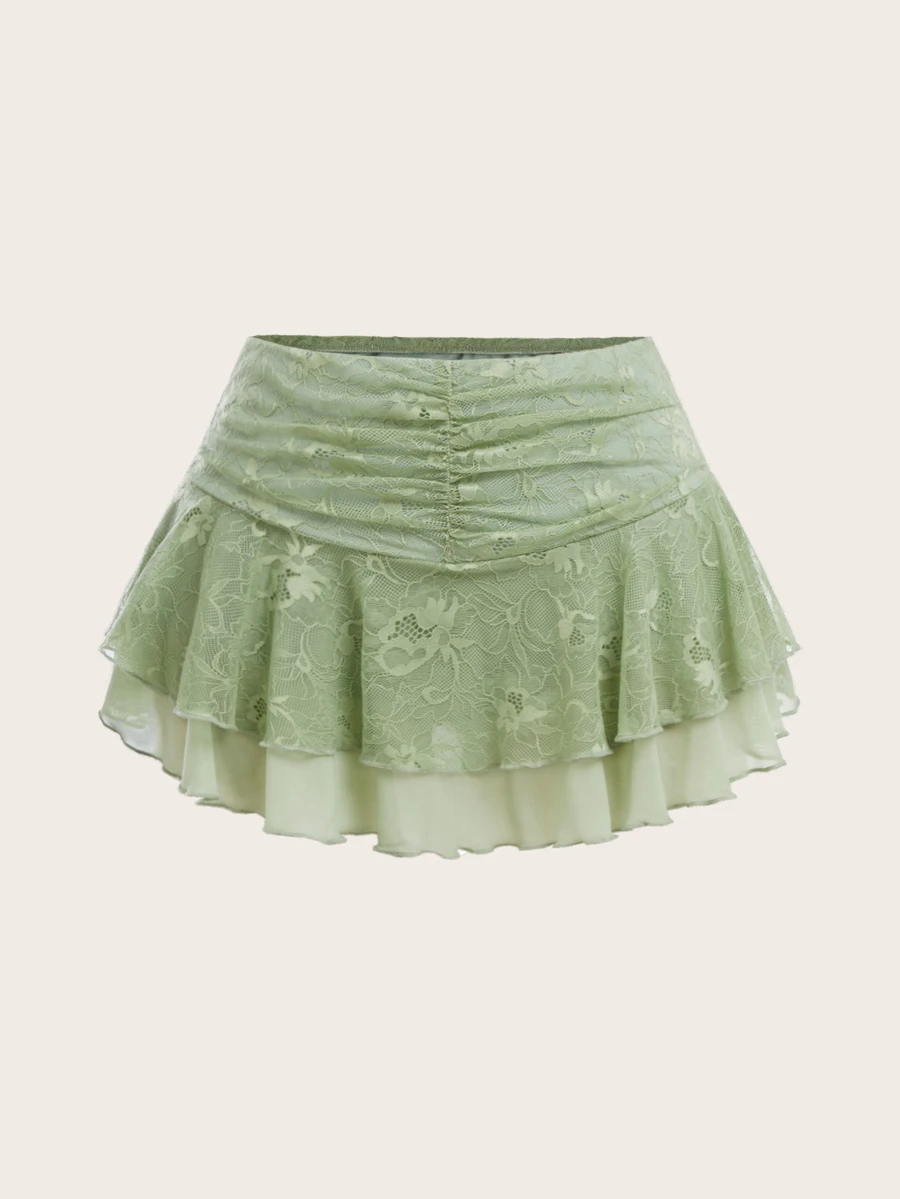 Sweetina Women's Pleated Simple Lace Patchwork Wide Waistband A-Line Skirt, Casual Holiday - Mint Green - View 1