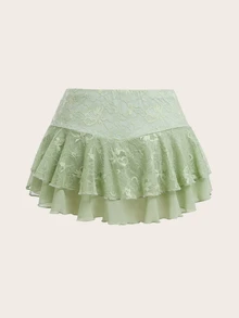 Sweetina Women's Pleated Simple Lace Patchwork Wide Waistband A-Line Skirt, Casual Holiday - Mint Green - View 3