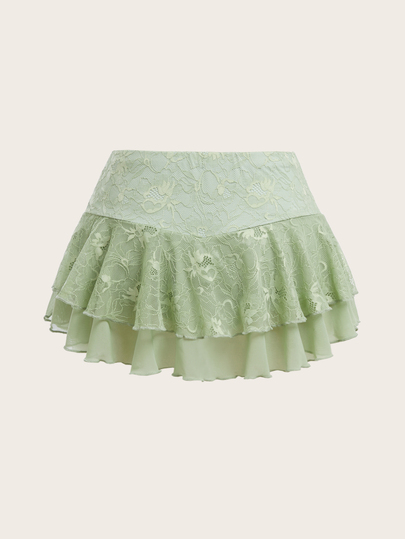 Sweetina Women's Pleated Simple Lace Patchwork Wide Waistband A-Line Skirt, Casual Holiday