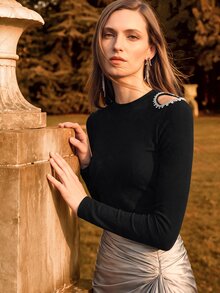 Anewsta Women's Fashionable Elegant Rhinestone Embellished Open Shoulder Ribbed Turtleneck Long Sleeve T-Shirt, Autumn - Black - View 4