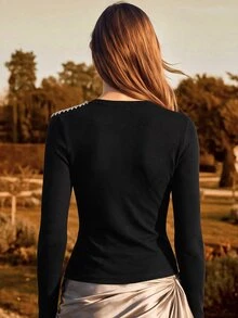 Anewsta Women's Fashionable Elegant Rhinestone Embellished Open Shoulder Ribbed Turtleneck Long Sleeve T-Shirt, Autumn - Black - View 2