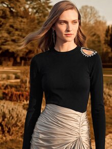 Anewsta Women's Fashionable Elegant Rhinestone Embellished Open Shoulder Ribbed Turtleneck Long Sleeve T-Shirt, Autumn - Black - View 3