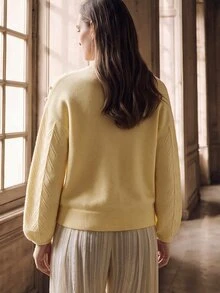 Anewsta 女款刺繡花卉淡黃色剪裁領毛衣，時尚寬鬆針織套頭上衣，適合秋季優雅浪漫早午餐 - 黃色 - 查看 6