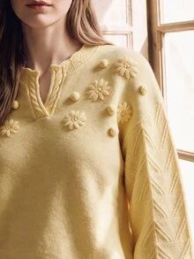 Anewsta 女款刺繡花卉淡黃色剪裁領毛衣，時尚寬鬆針織套頭上衣，適合秋季優雅浪漫早午餐 - 黃色 - 查看 2