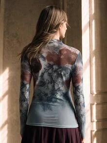 Anewsta Stand Collar Raglan Sleeve Slim Fit Elegant Semi-Sheer Floral Print Top For Women, Summer New Arrival - Multicolor - View 5