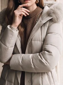 Anewsta 女士优雅束腰中长款蓬松可拆卸人造毛领绗缝拉链夹棉大衣，杏色 - 杏色 - 查看 4