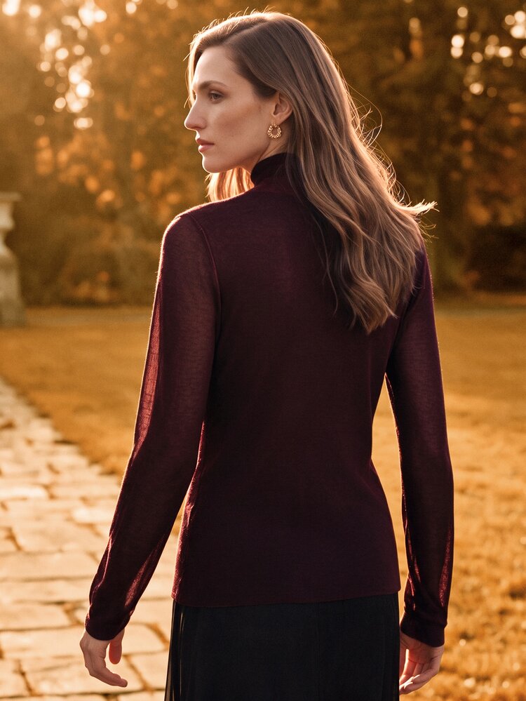 Anewsta Elegant V-Neck Solid Color Knitted Slim Fit Stand Collar Sweater For Women, Autumn/Winter - Burgundy - View 6