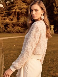 Anewsta Women's Mesh Patchwork Embroidery Front Button Long Sleeve Casual Cardigan - Pink - View 2