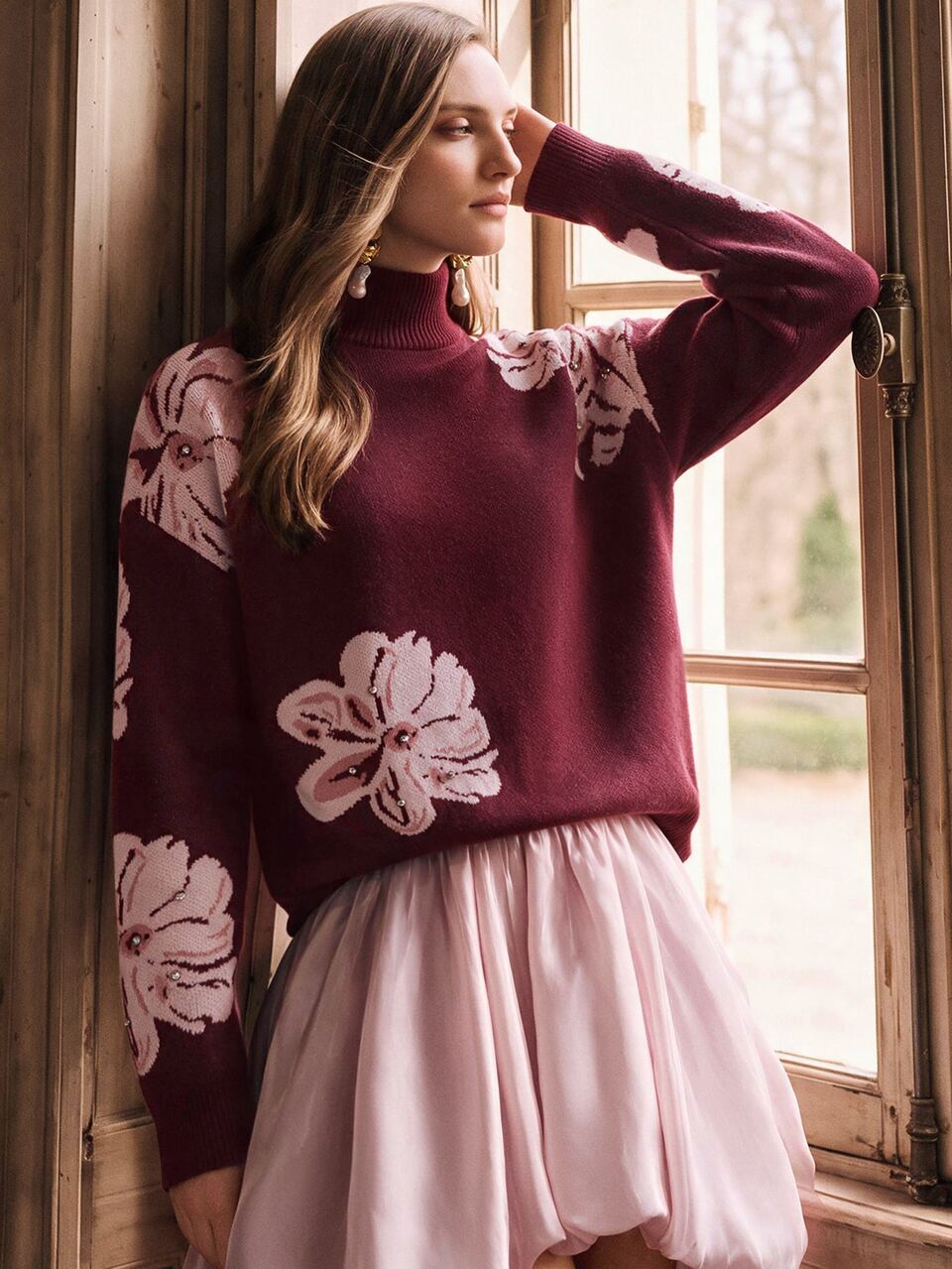 Suéter elegante y romántico con flores burdeos y adornos de strass, adecuado para ir al trabajo, carnaval, Día de San Valentín