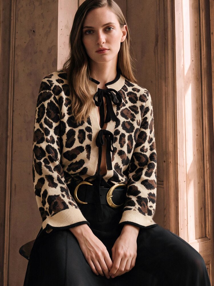 Anewsta Women's Long Sleeve European Style French Leopard Print Bowknot Cardigan, Autumn/Winter Fall - Brown - View 5