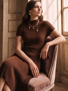 Anewsta Women Turtleneck Asymmetric Ribbed Bodycon Knit Midi Dress, Suitable For Spring, Summer, Casual, Elegant, Resort Wear - Coffee Brown - View 4