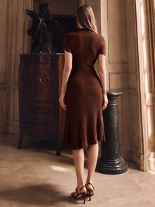 Anewsta Women Turtleneck Asymmetric Ribbed Bodycon Knit Midi Dress, Suitable For Spring, Summer, Casual, Elegant, Resort Wear - Coffee Brown - View 3
