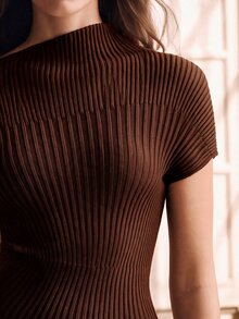 Anewsta Women Turtleneck Asymmetric Ribbed Bodycon Knit Midi Dress, Suitable For Spring, Summer, Casual, Elegant, Resort Wear - Coffee Brown - View 2