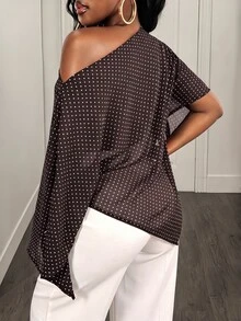 BamGleam Women's Polka Dot Print One Shoulder Batwing Sleeve Fashion Blouse - Brown - View 2