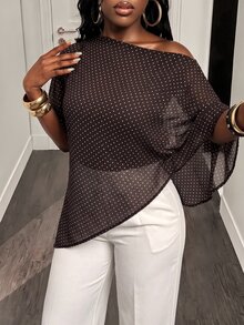 BamGleam Women's Polka Dot Print One Shoulder Batwing Sleeve Fashion Blouse - Brown - View 5