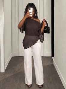 BamGleam Women's Polka Dot Print One Shoulder Batwing Sleeve Fashion Blouse - Brown - View 3