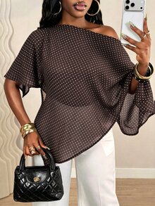 BamGleam Women's Polka Dot Print One Shoulder Batwing Sleeve Fashion Blouse - Brown - View 7