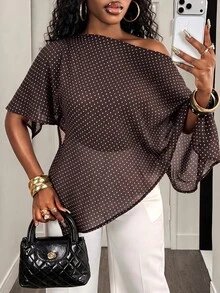BamGleam Women's Polka Dot Print One Shoulder Batwing Sleeve Fashion Blouse - Brown - View 1