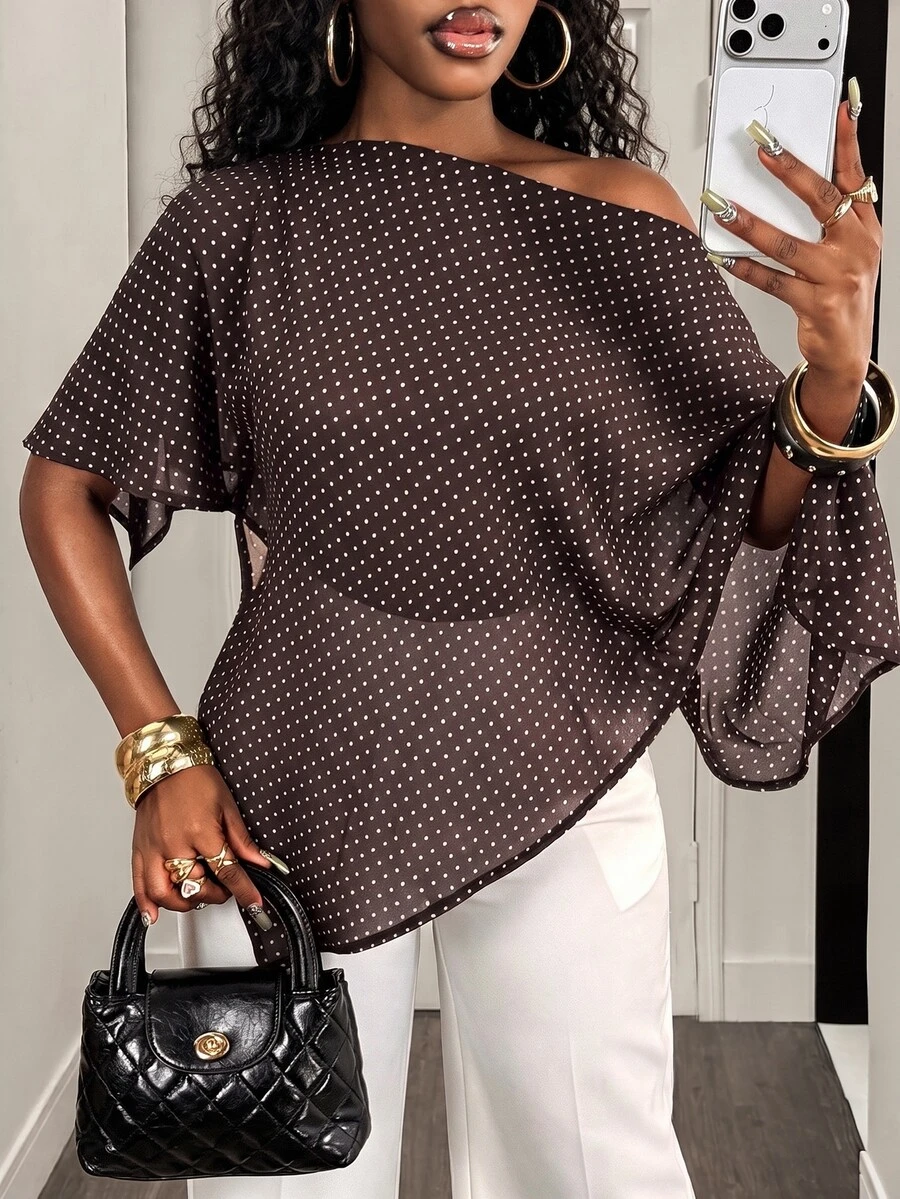 BamGleam Women's Polka Dot Print One Shoulder Batwing Sleeve Fashion Blouse - Brown - View 1