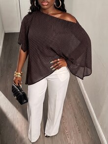BamGleam Women's Polka Dot Print One Shoulder Batwing Sleeve Fashion Blouse - Brown - View 6