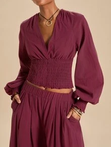 Travachic Women's Solid Color V-Neck Top And Pants Casual Daily 2 Pieces Set - Burgundy - View 7
