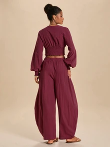 Travachic Women's Solid Color V-Neck Top And Pants Casual Daily 2 Pieces Set - Burgundy - View 2