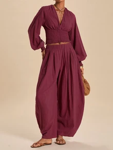 Travachic Women's Solid Color V-Neck Top And Pants Casual Daily 2 Pieces Set - Burgundy - View 8