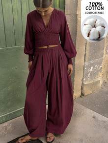 Travachic Women's Solid Color V-Neck Top And Pants Casual Daily 2 Pieces Set - Burgundy - View 5
