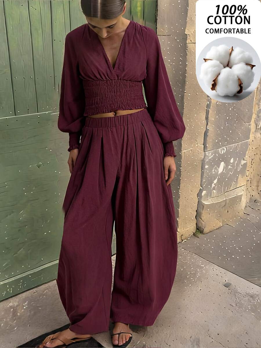 Travachic Women's Solid Color V-Neck Top And Pants Casual Daily 2 Pieces Set - Burgundy - View 1