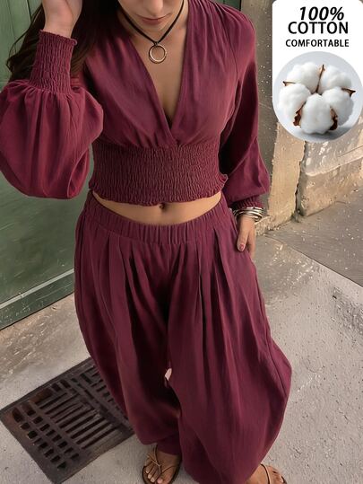 Travachic Women's Solid Color V-Neck Top And Pants Casual Daily 2 Pieces Set