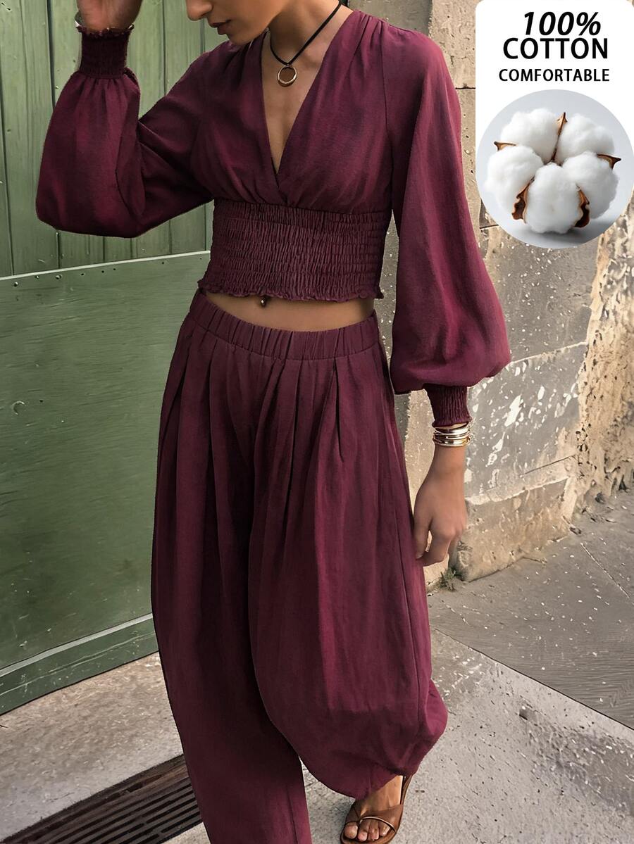 Travachic Women's Solid Color V-Neck Top And Pants Casual Daily 2 Pieces Set - Burgundy - View 1